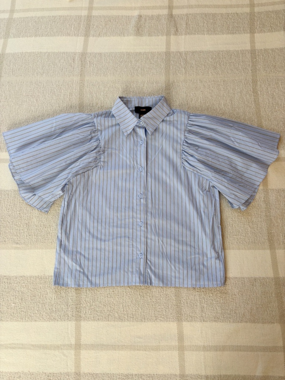 RAIN Striped Light Blue Puff Sleeve Button-Up Blouse - Picture 2 of 5